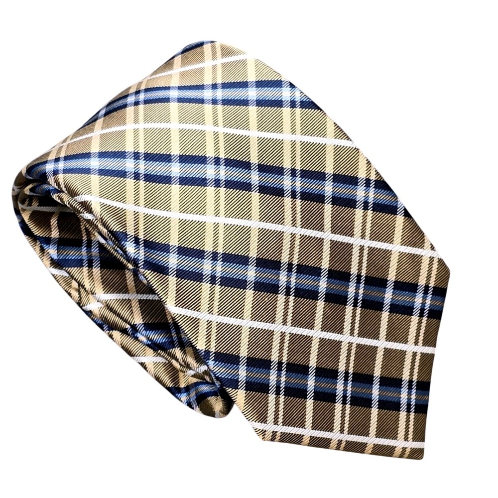 Saddlebred Silk Handmade Necktie Men's Tan Gold Navy Blue White Plaid Check